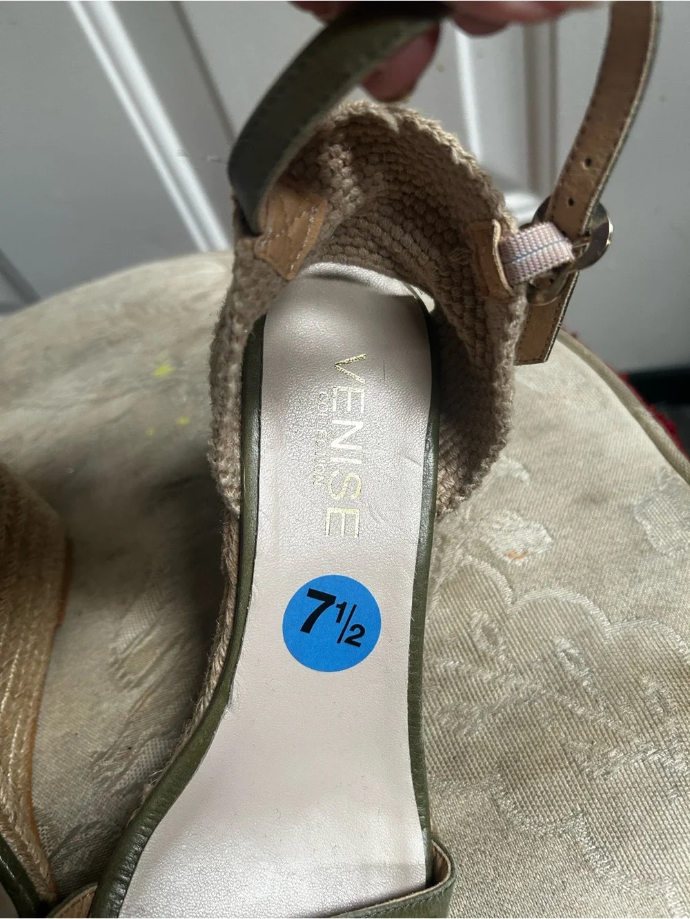 Venise Collection Olive Green Espadrille Wedge Sandals with Ankle Strap Sz 38